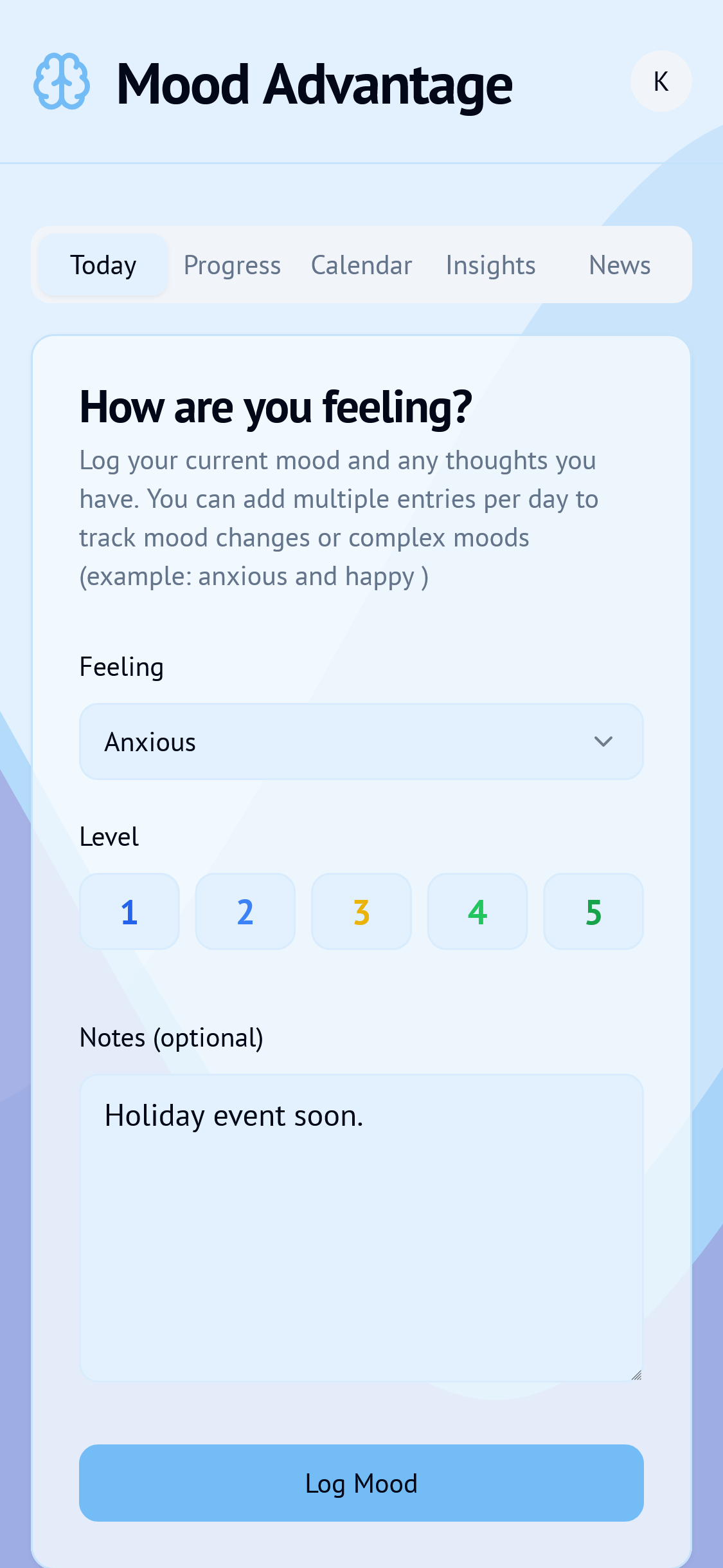 Mood logging screen